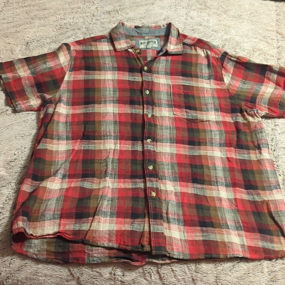 NORTH RIVER MEN SHIRT 2XL PLAID RED BROWN WHITE SHORT SLEEVE BUTTON FRONT POCKET